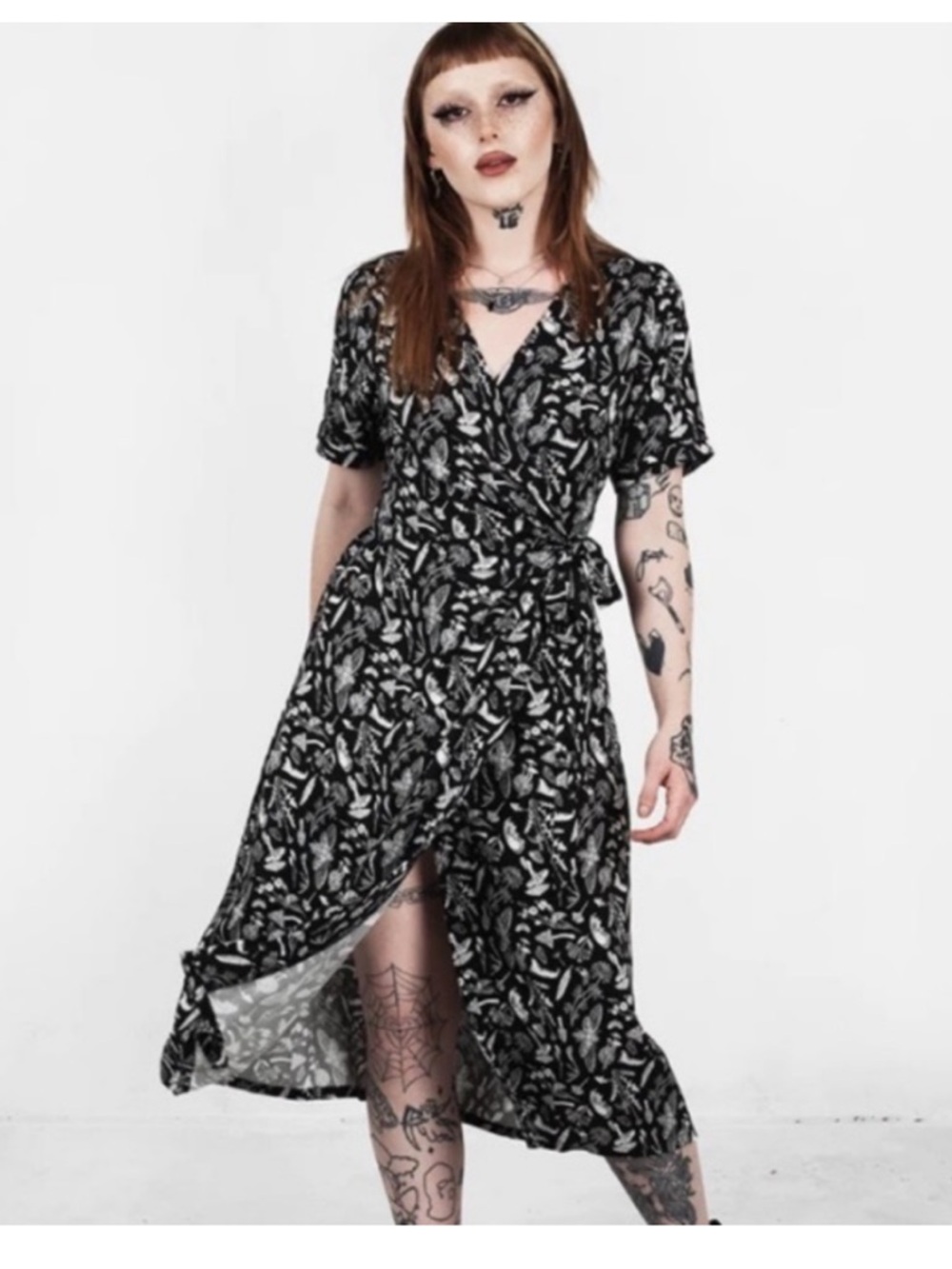 Disturbia Earth Magick black moths & mushrooms wrap midi dress 6 - Picture 2 of 15